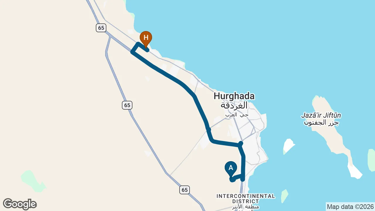 Driving route from Hurghada Airport to Caves Beach Resort
